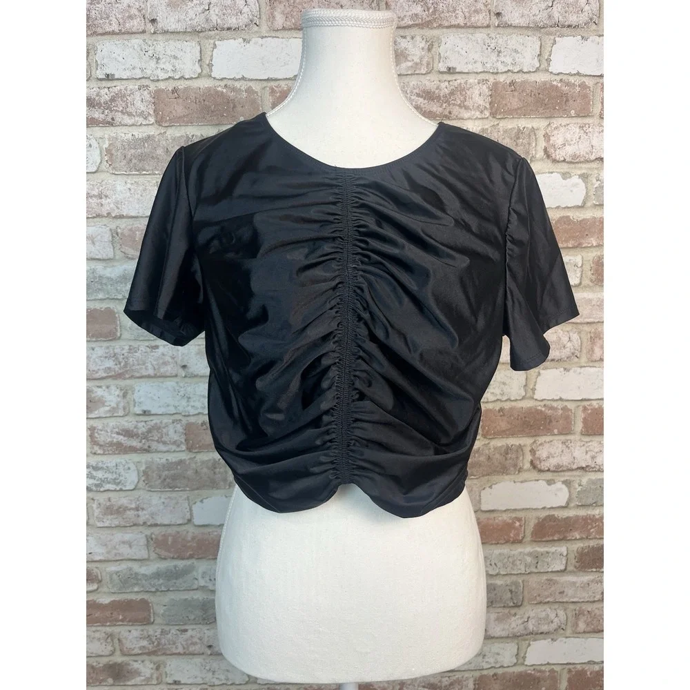 Good American Black Ruched Short Sleeve Swim Top‎ Sz 4